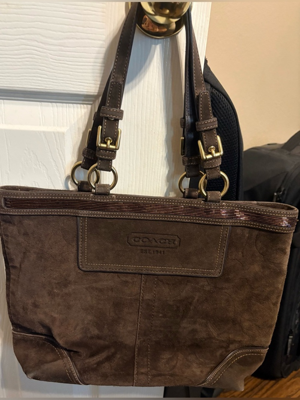 Coach Brown Suede Shoulder Bag with Gold Hardware